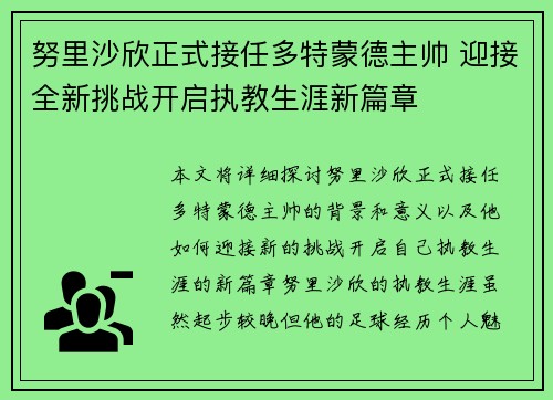 努里沙欣正式接任多特蒙德主帅 迎接全新挑战开启执教生涯新篇章